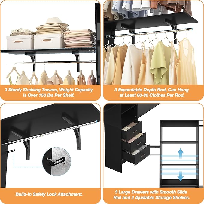 Armocity 96" Wood Closet System with 3 Enclosed Drawers & 3 Solid Shelves, 8FT Adjustable Closet Organizers and Storage, Heavy Duty Modular Wardrobe for Reach-In & Walk-In, 1000 LBS Load, Black