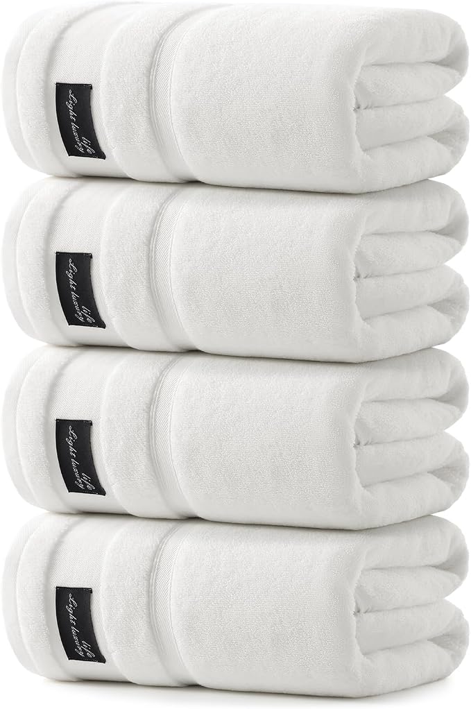 REDKISS 4 Pack Large Bath Towels Set, 100% Cotton, 31x63 in, Heavyweight 760G, Highly Absorbent & Quick Dry, Super Soft Luxury Towels for Bathroom,Hotel Collection - White