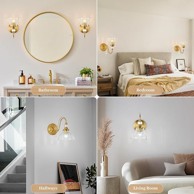 1 Piece Vintage Wall Sconce, 1-Light Brushed Gold Finish Wall Sconce with Hanging Crystal Accents and Flower-Shaped Clear Shades for Bathroom Bedroom Living Room,Vintage Vanity Light