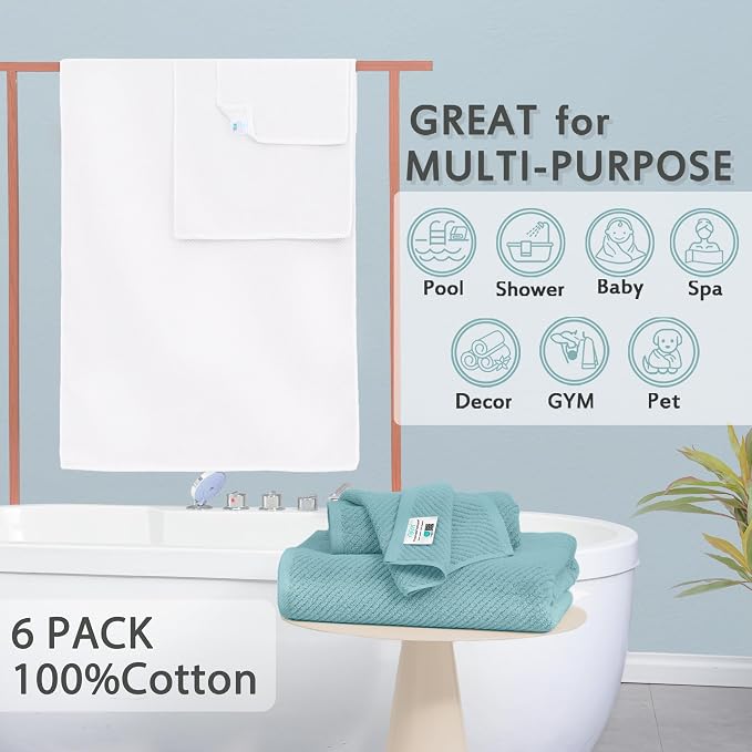VOOVA & MOVAS 6PC Towel Set, 100% Cotton, Aqua Teal White | 2 Large Bath 30x56 In,2 Hand 18x28 In, 2 Washcloths 13x13 In, Soft, Quick Dry, Thick, Bathroom Essentials