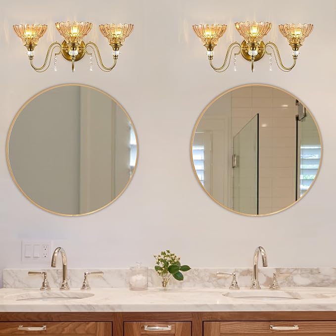 Vintage Bathroom Vanity Light, 3-Light Brushed Gold Finish Wall Sconce with Hanging Crystal Accents and Flower-Shaped Amber Glass Shades, Retro Wall Mount Vanity Light Over Mirror for Bathroom