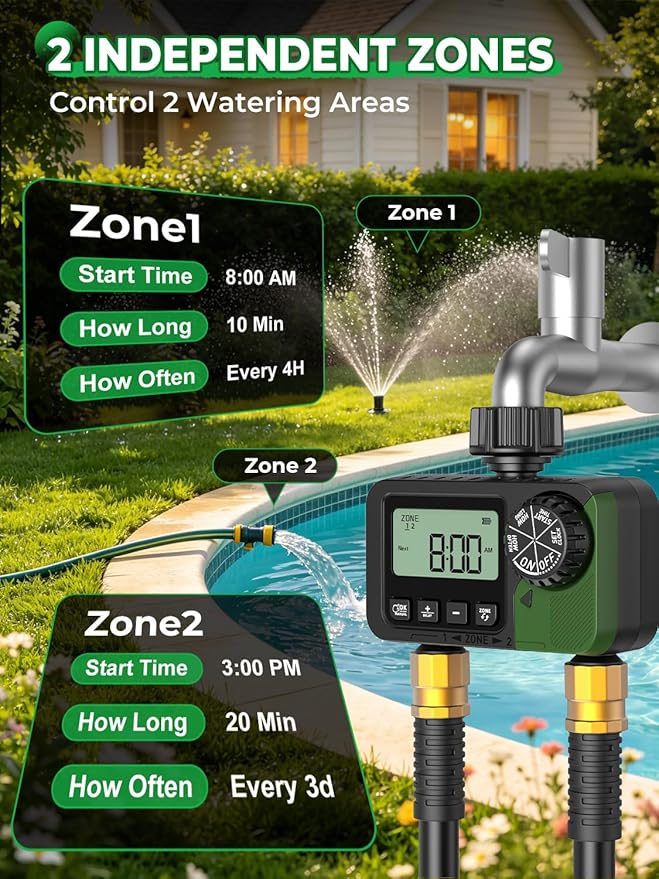 Sprinkler Timer 2 Outlets, Programmable Water Hose Timer with Rain Delay/Manual/Automatic Watering System, Outdoor Digital Auto Irrigation for Garden Yard Lawn with Large Display(Black+Olive Green)