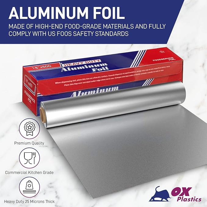 Ox Plastics Aluminum Foil Wrap | Heavy-Duty, Commercial Grade for Food Service Industry | Silver Foil for Cooking, Roasting, Baking, BBQ & Parties | 18"x 500 feet (4 Pack)