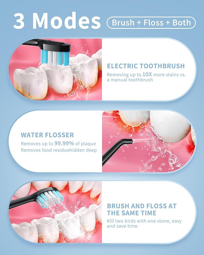 Electric Toothbrush with Water Flosser - 2 in 1 Teeth Cleaning Kit, Electric Toothbrush and flosser Combo with 3 Cleaning Modes, Portable Water flosser Design for Home & Travel (Black)