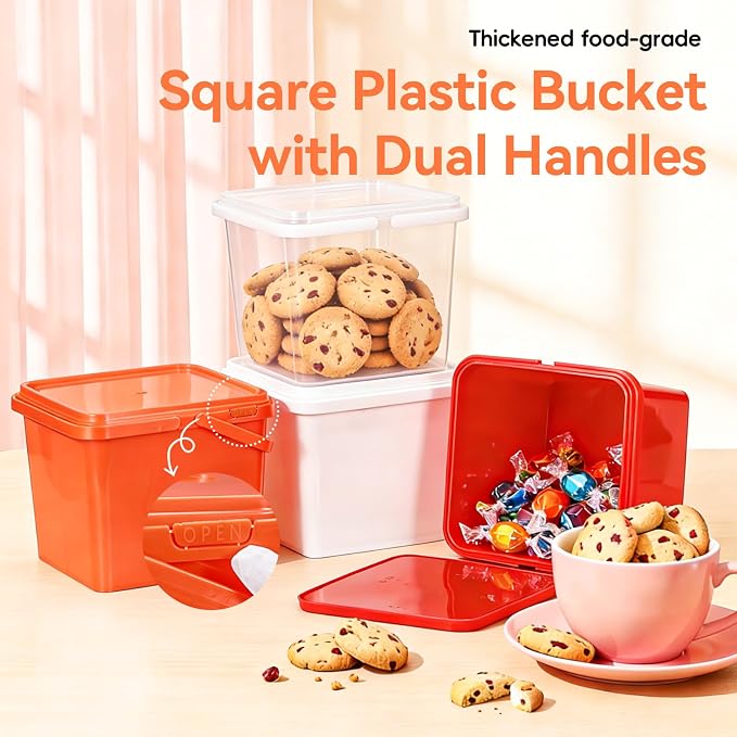 Bucket with Lid - 4 Packs Square Clear Plastic Storage Containers, Food Safe with Handle, Airtight Pressure Lids for Kitchen & Home (Mixed Colors, 1.3 gal)