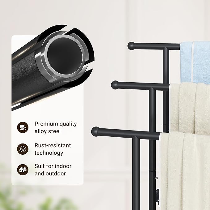ELYKEN 3 Tier Freestanding Towel Rack with Shelf, 40" H Towel Stand, Black | Metal Drying Rack for Oversized Bath Towels & Blankets, 4 Hooks, Indoor & Outdoor Use, Fits Bathroom, Tub, Shower, Poolside