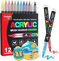 Guangna Acrylic Paint Markers Brush Tip, 12 Vivid Colors with Direct-Liquid Ink System, Professional-Grade Paint Pen for Rock Painting, Canvas, Glass, Plastic, Fabric Pumpkin Painting Decorating Kit