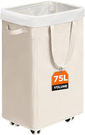 CHICVITA Collapsible Laundry Basket on Wheels 75L, Slim Laundry Hamper with Removable Wash Bag for Bedroom, Clothes Hampers for Laundry, Ivory