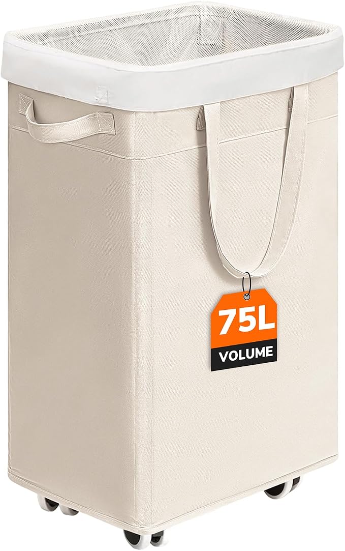 CHICVITA Collapsible Laundry Basket on Wheels 75L, Slim Laundry Hamper with Removable Wash Bag for Bedroom, Clothes Hampers for Laundry, Ivory