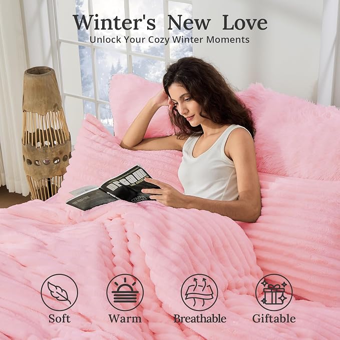 Sasttie Queen Comforter Set 3 Pieces - Super Soft Fleece Comforters Queen Size, 1 Luxury Warm Fuzzy Marshmallow Comforter with 2 Pillow Cases, Faux Fur Down Alternative Bedding Set, Pink