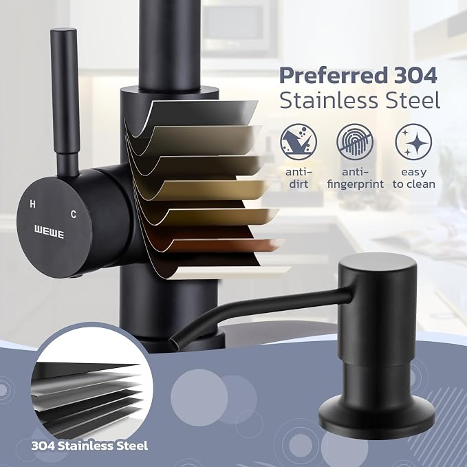 WEWE Black Kitchen Faucet with Soap Dispenser, Kitchen Sink Faucet with Pull Down Sprayer 3 Modes Stainless Steel Single Handle Single Hole Pull Out Matte Black Faucet for Bar Laundry RV Utility Sink