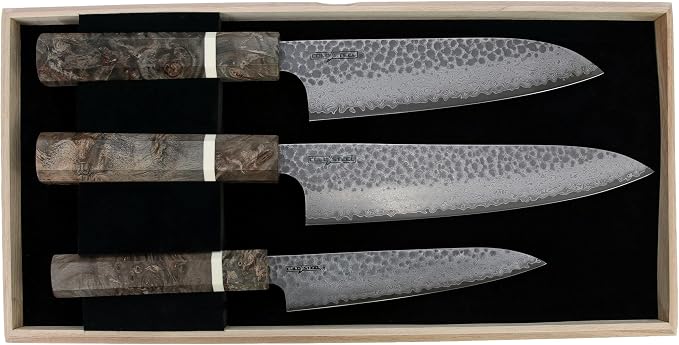 Cold Steel Japanese VG-10 Damascus 3-Piece Kitchen Knife Set – VG-10 Steel Chef Knives with Damascus Pattern for Precision Cutting & Kitchen Use