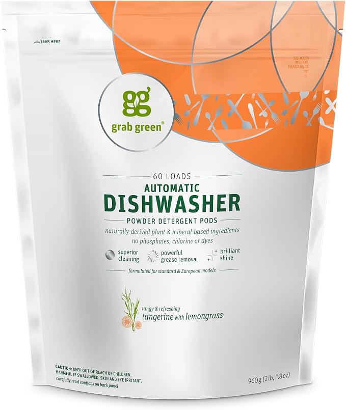 Grab Green Dishwasher Pods, 60 Count, Tangerine with Lemongrass | Plant & mineral based; Enzyme-powered; Velcro Closure; No Harsh Chemicals; Removes Grease and Stuck on Food