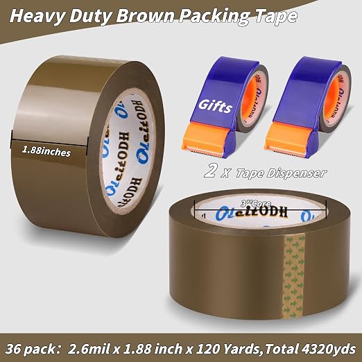 36 Rolls Brown Packing Tape with Dispenser, 1.88" X 120 yd Shipping Tape Bulk, Total 4320 yards, 2.6 mil, 3" Core, Tan Packing Tape Refills, Carton Sealing Tape for Moving Boxes, Package, Mailing