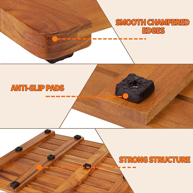 Utoplike Teak Bath Mat, Large Wood Shower Mats for Bathroom, 31.7 x17.9 in | with Non Slip Pads, Sturdy Solid Wooden, Floor Mat for Indoor Spa, Outdoor Inside Shower