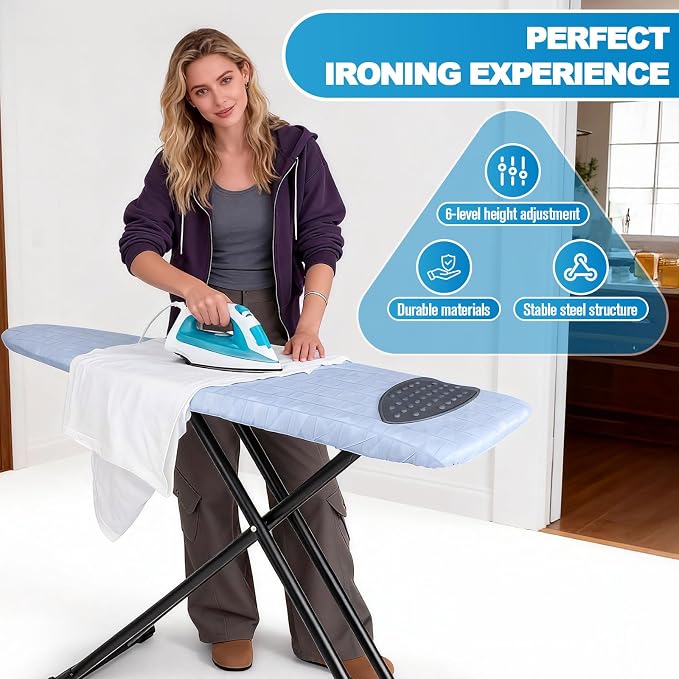 Ironing Board with Silicon Iron Mat Heavy Metal Frame Legs Iron Stand for Home, Laundry Room, Foldable Compact Ironing Board Wall Mount Hanger, Height Adjustable, 13x43in