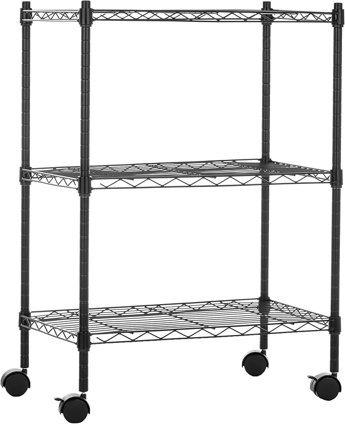Amazon Basics 3-Shelf Adjustable Heavy Duty Storage Shelving Unit on 2" Wheels, Metal Wire Rack for Garage, Utility Shelving with Leveling Feet, 23.2"L x 13.4"W x 32.75"H, Black