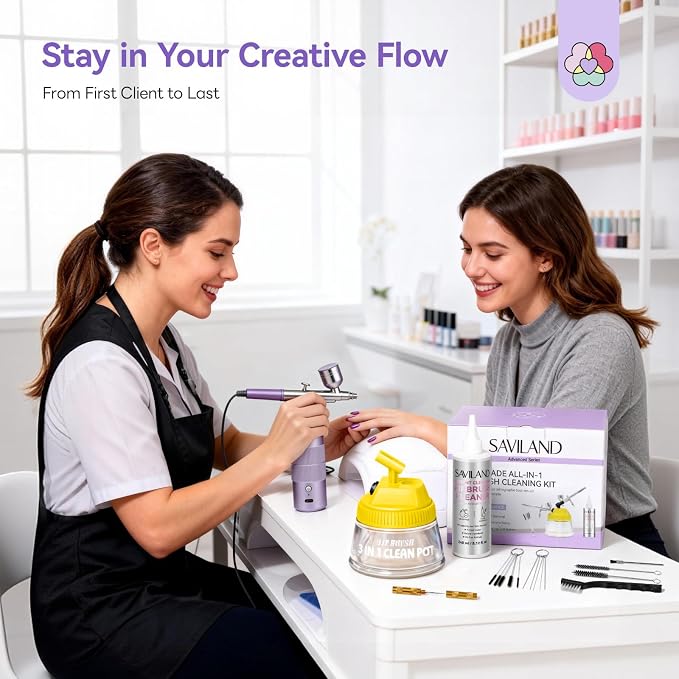 SAVILAND All-in-1 Airbrush Cleaning Kit: 240 ml Fast Airbrush Cleaner Low Odor & Needles Kit 3-in-1 Airbrush Cleaning Pot Easily Handle Water-Based & Acrylic Airbrush Paint Nail Art Painting Tools