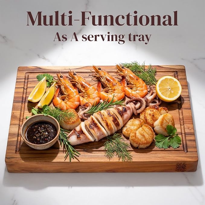 Large Teak Cutting Board 16" x 11" x 1.5" Thick Edge Grain Butcher Block for Meat & Kitchen Prep with Juice Groove and Handle, Solid Hardwood, Non Toxic Wood Cutting Board by New M Way