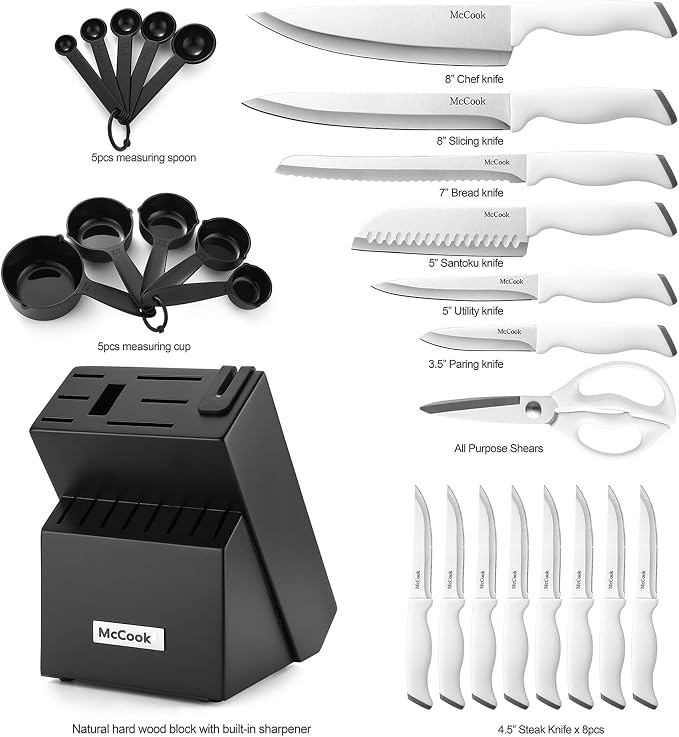 McCook Kitchen Knife Set 24PC Knife Block Set w Built-in Sharpener | German Forged Stainless Steel, Razor Sharp, Anti-Rust,Restaurant Grade,Ergonomic Handles,Full Tang,Gift Box