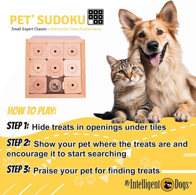 Interactive Wooden Sudoku Puzzle for Cats and Small Dogs - Expert Brain Pet Toy - 9 Treat-Hiding Holes, Small All-Wood Design