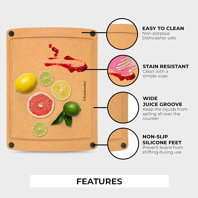 Freshware Wood Cutting Board for Kitchen, Juice Groove, Non-Slip Silicone Feet, Dishwasher Safe, Large, 15" x 11.25", Natural