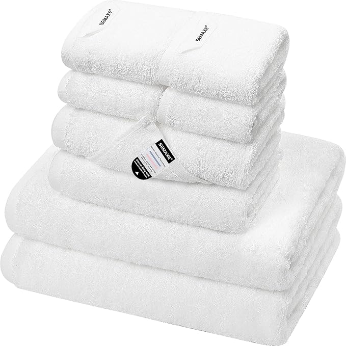 SEMAXE Bath Towel Set, 8 Piece Towel Set for Bathroom, Quick Dry Cotton Towels with Hanging Loops, Easy Care, White