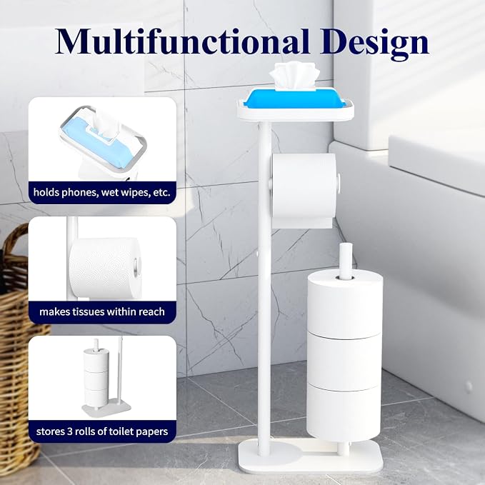 Kitsure Toilet Paper Holder Free Standing – Rustproof Metal Toilet Paper Stand for 4 Rolls with Anti-Slip Base and Shelf for Phone & Small Items, Bathroom Organizers and Storage, Medium, White