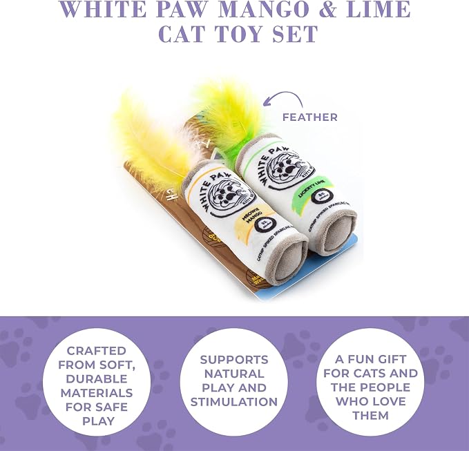 Haute Diggity Kitty White Paw Mango & Lime Set, Plush Cat Toys Catnip Filled with Interactive Crackle Sound, Safe & Durable Toys for Cat & Kitten, 2 Pcs