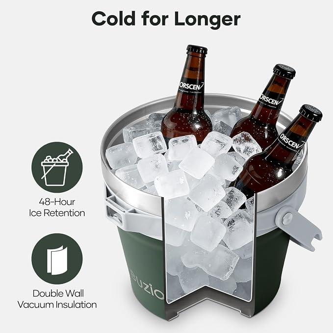 BUZIO 7 L Ice Bucket with Lid Scoop & Tongs & Adjustable Shoulder Strap | 7.4 Qt/7 L Insulated Stainless Steel Large Beverage Bucket with Handle (Doulble Wall), for Parties, Cocktail Bar Champagne