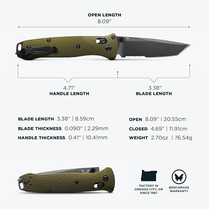 Benchmade Bailout Tactical Knife, M4 Steel Blade (537SGY-1) | Woodland Green Aluminum handle, Tanto blade