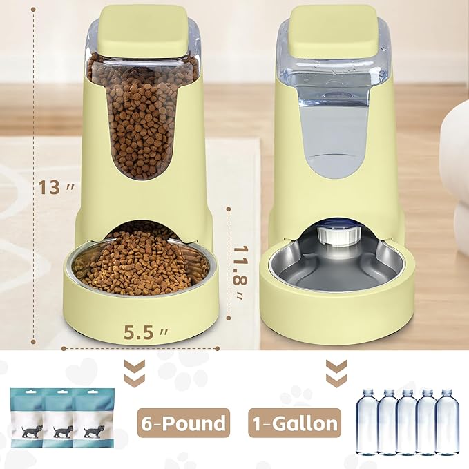 HWONMTE Portable Automatic Cat Feeder and Water Dispenser with Stainless Steel Bowl Dog Gravity Food Feeder and Waterer for Small Medium Pets Puppy Kitten 1 Gallon x 2 (Cream Yellow)