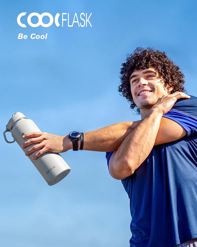 Coolflask Water Bottle Insulated with Straw & 3 Lids, 40 oz Water Jug Large Metal Stainless Steel Wide Mouth for Sports, Gym or Office, Non-BPA Keep Cold 48H Hot 24H, Greige