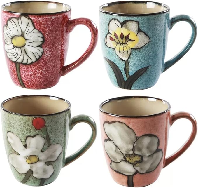 Ceramics 12oz Coffee mugs,Coffee cups,Tea mugs,Kiln Glazing Process,Microwave and Dishwasher Safe, Perfect For Tea, Espresso, Latte - Porcelain Mugs for Kitchen or Cafe (Red+Blue+Green+Pink)