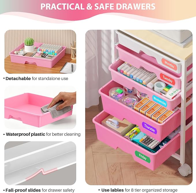 Goovilla Rolling Cart with 5 Drawers for Craft, Art, Dorm, Office, Pink | Utility Cart Organizer With 5 Removable Drawers and Wooden Tabletop, Lockable Rolling Storage Organizer for Classroom, Home