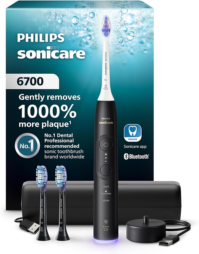Philips Sonicare 6700 Series Electric Toothbrush, Pressure Sensor, 9 Brushing Settings, SmarTimer, BrushPacer, 21-Day Runtime, Travel Case, for Gum Health & Sensitive Teeth, Black, HX7411/06