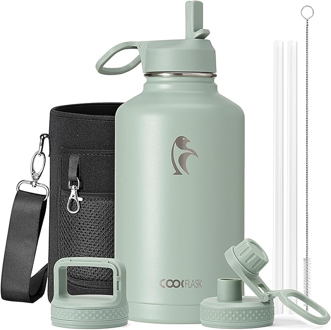 Coolflask Half Gallon Water Bottle Insulated with Straw & 3 Lids, 64 oz Water Jug Large Metal Stainless Steel Wide Mouth for Sports, Gym or Office, Non-BPA Keep Cold 48H Hot 24H, Grey Green