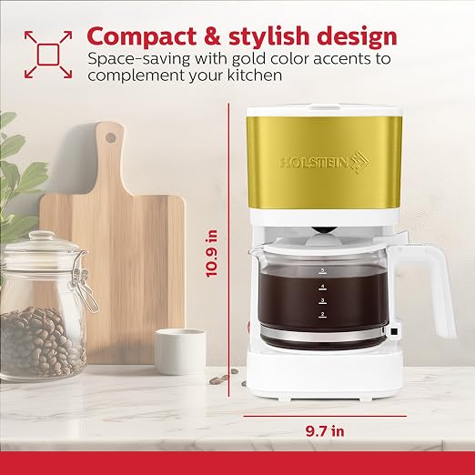 Holstein Housewares 5 Cup Coffee Maker – Compact Drip Coffee Machine with Auto Pause & Serve, Reusable Filter, Glass Carafe, Water Window & Warming Plate. White & Gold