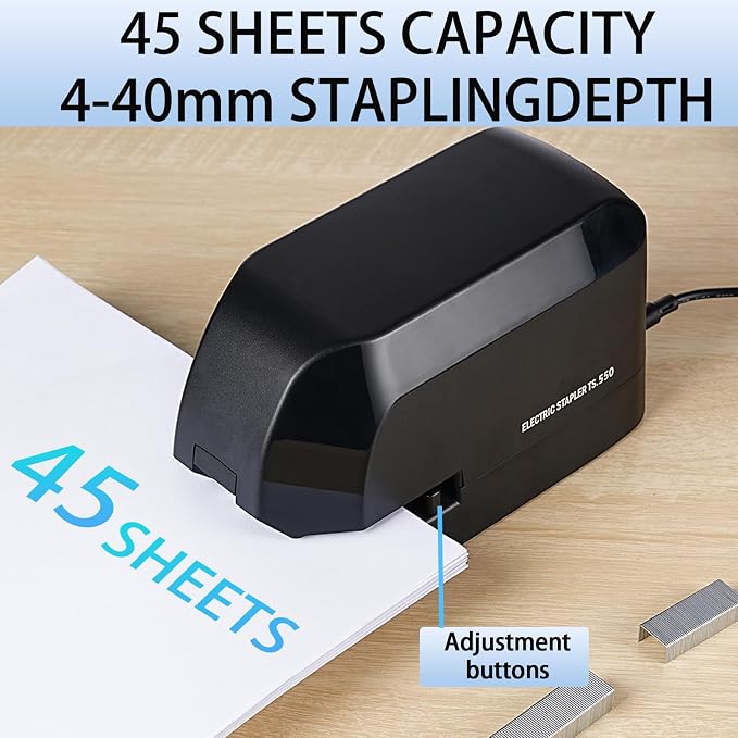 Electric Stapler for Desk, 45 Sheet Capacity Automatic Stapler Desktop, Office Staplers Electric, AC Operated Staplers Heavy Duty Office Use with 1,000 Staples & Staple Remover, Black
