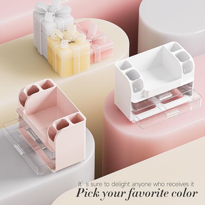 Delamu Large Makeup Organizer Countertop with 6 Brush Holders, Makeup Organizers for Vanity with 2 Large Drawers, Easy to Store Skincare, Lipsticks, Nail Polishes, Perfumes, Eyeshadow Palettes, Pink