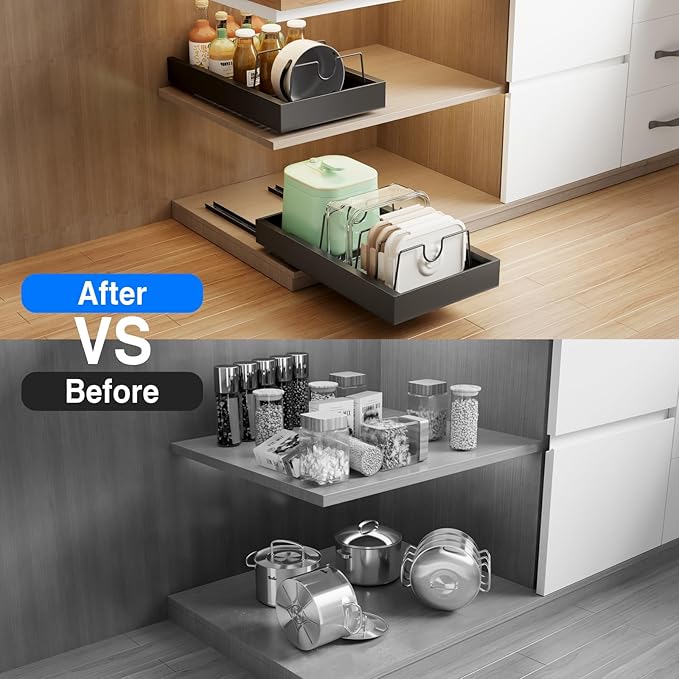 Mustorn 2 Pack Pull Out Cabinet Organizer with 8 Dividers,21.8" Deep Slide Out Drawers for Cabinets Adhesive Pull Out Drawers Heavy Duty Pull Out Shelves for Kitchen, Cupboard, Pantry, Bathroom-Black