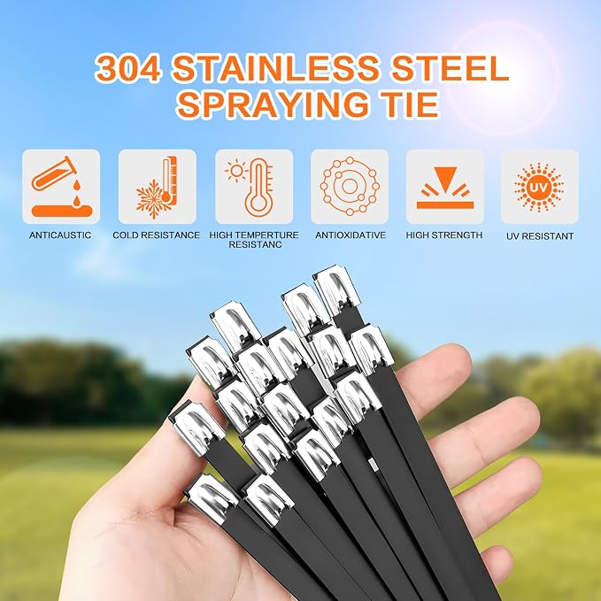 Stainless Steel Cable Tie Gun Kit：With 300pcs Uv Resistant Black Metal Zip Ties Heavy Duty Outdoor (150 Each of 8, 12 Inch) Adjustable Fastening Cutting Tie Tool Sets，for Chainlink Fence，Exhaust Wrap