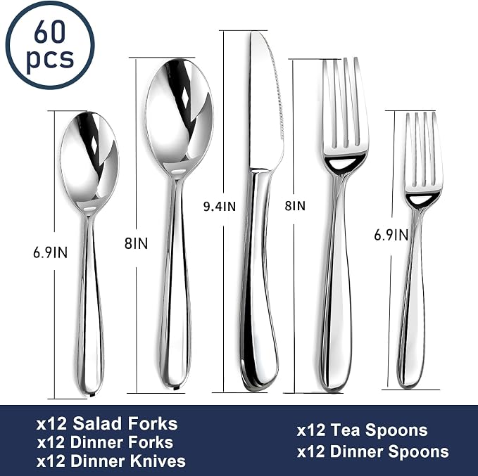 STILLOYE Heavy Duty Silverware Set for 12, 60 Piece Premium Stainless Steel Flatware Utensils Cutlery Set Including Steak Knife Fork and Spoon, Dishwasher Safe, Gift Package for Wedding Housewarming