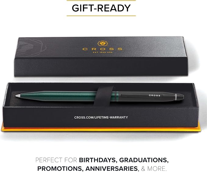 Cross Click Tuxedo Satin Metallic Green Ballpoint Pen - High-End Writing Tool for Versatile Use - Smooth Writing & Journaling - Elegant Accessory - Long-Lasting - Black Ink - Includes Gift Box