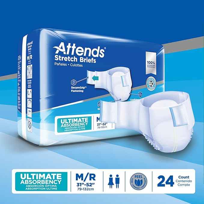 Attends Stretch Adult Incontinence Disposable Briefs, Medium/Regular 31"-52" Waist with SecureGrip Tab Closure, Ultimate Absorbency with Dry-Lock Containment Core and Breathable Side Panels, 96ct Case