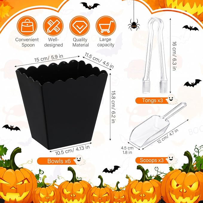 61 oz 6 Black Plastic Candy Bar Containers with 3 Tongs and 3 Scoops Halloween Party Supplies Reusable Scalloped Buffet Station Serving Bowls for Weddings Birthday Dessert Snack Box