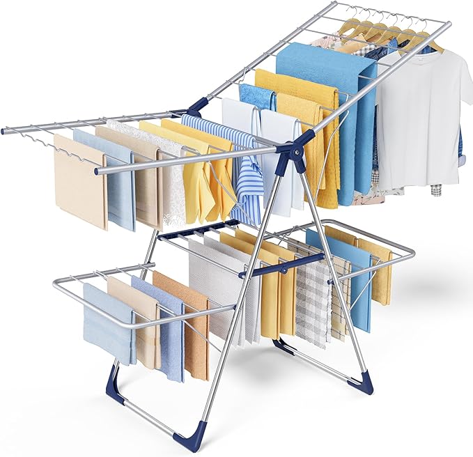 Sakugi Clothes Drying Rack, Foldable 2-Level Laundry Drying Rack with Height-Adjustable Wings, for Clothing & Bedding, Free-Standing Space-Saving Rack, Indoor & Outdoor, 55.5"L × 22.8"W, Silver Blue