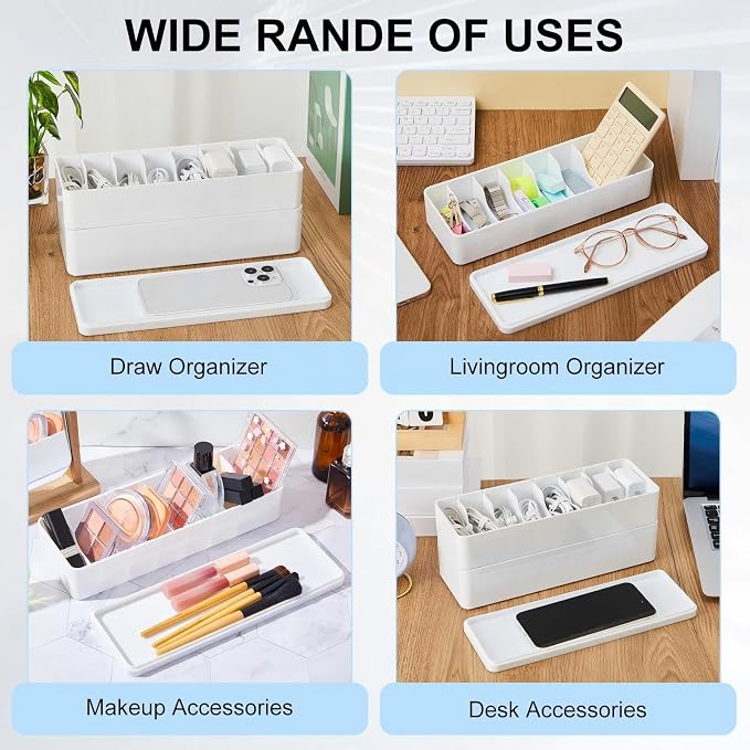 Tatuo 2 Pcs Cable Organizer Box with Wire Ties, Plastic Cord Storage Box with Lid, Electronics Organizer for Home Office Desk Organizers and Accessories (White)