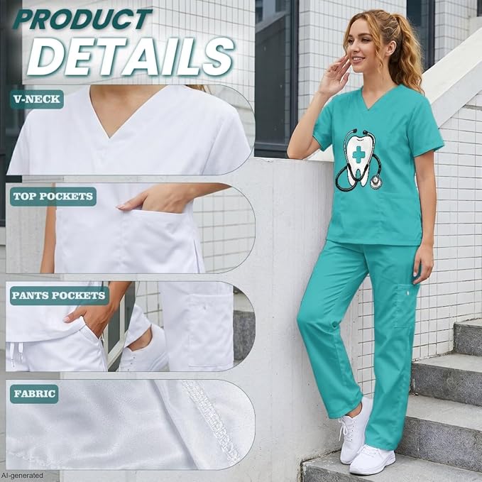 Gomyblomy Women's Scrubs Suit 3-Piece Set | Teeth Print V-Neck Top & Pants & Cap, Breathable and Stretch Fabric, S-5XL