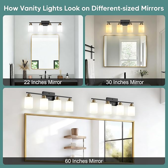 Ascher Bathroom Light Fixtures, 4-Light Vanity Light Over Mirror, Black and Gold Wall Sconces with Milky White Frosted Glass Shades, Wall Lamp for Living Room Bedroom, E26 Base(Bulbs Not Included)